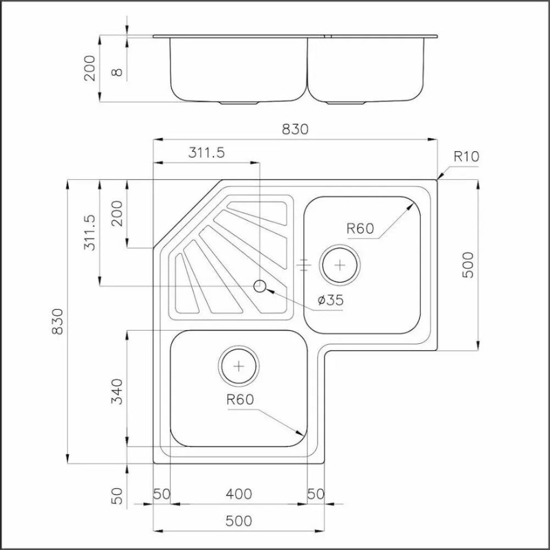 Foster Angolare 3303060 Lavello Angolo 2 Vasche Inox Spazzolato Gocciolatoio al Centro cm. 83 x 83