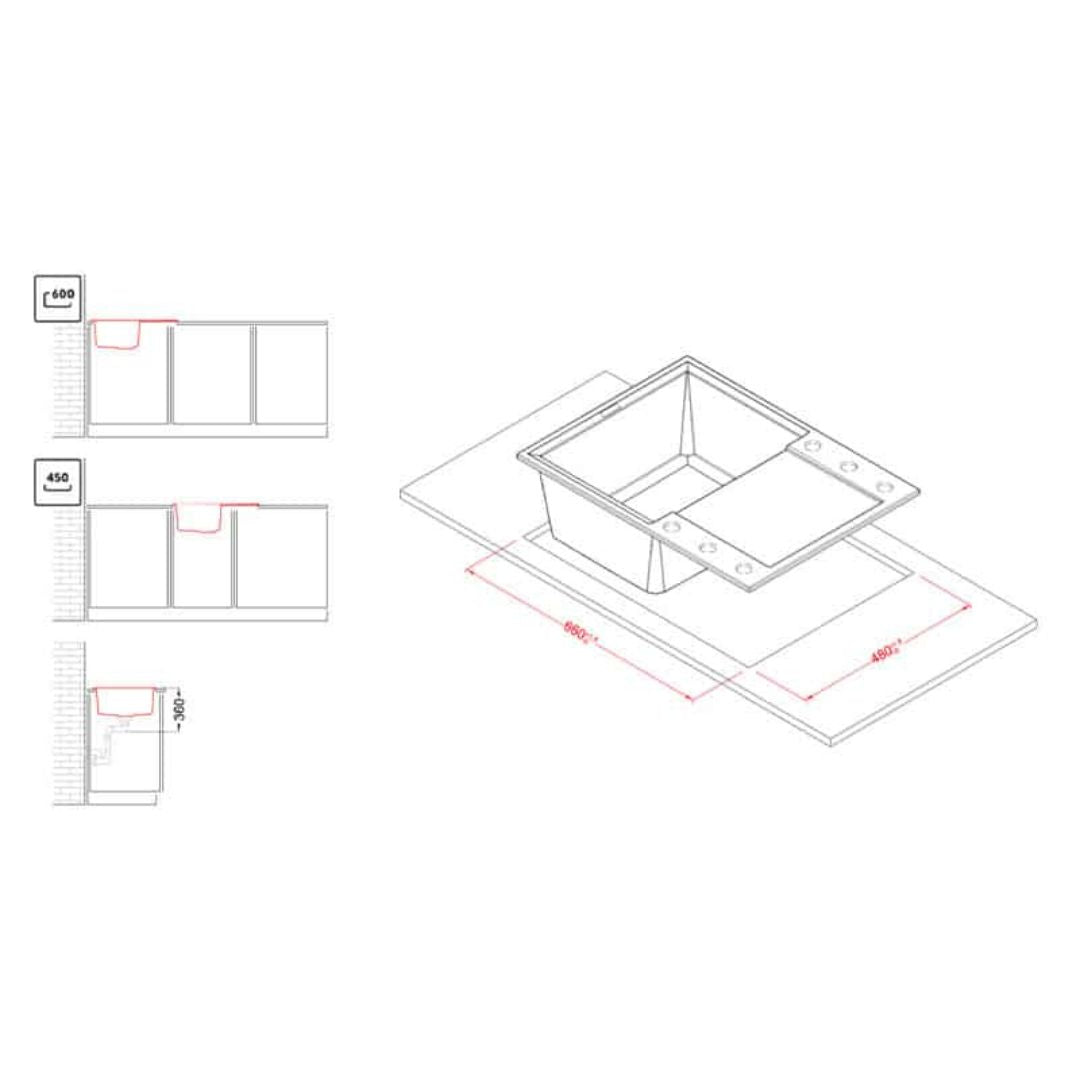 ELLECI EASY 135 LGY13559 Lavello da Incasso 1 Vasca con Gocciolatoio Reversibile Granitek® Antracite cm. 68 x 50
