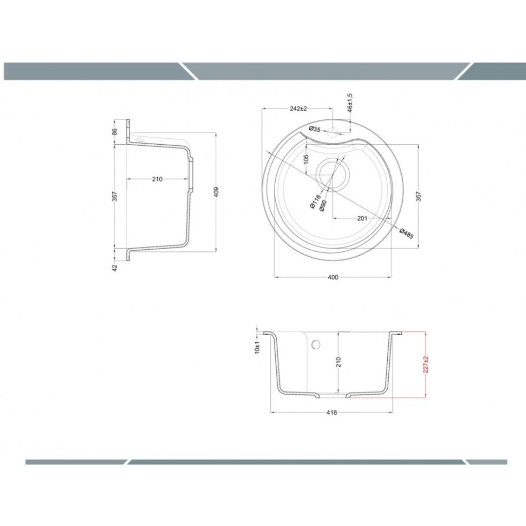 ELLECI EGO ROUND LGEROU59 Lavello 1 Vasca Circolare Incasso Sopratop Granitek Antracite 59 Diam. 485 mm