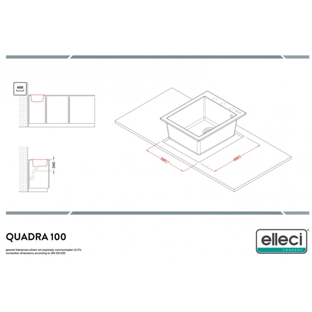 Elleci Quadra 100 LGQ10048 Lavello da Incasso 1 Vasca Incasso Sopratop Granitek Cemento cm. 41 x 50