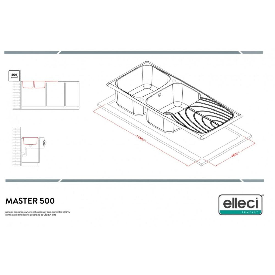 ELLECI MASTER 500 LGM50062 Lavello 2 Vasche Gocciolatoio Reversibile Granitek Bianco cm. 116 x 50