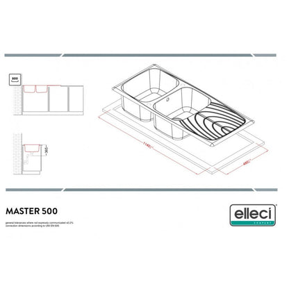 ELLECI MASTER 500 LGM50062 Lavello 2 Vasche Gocciolatoio Reversibile Granitek Bianco cm. 116 x 50