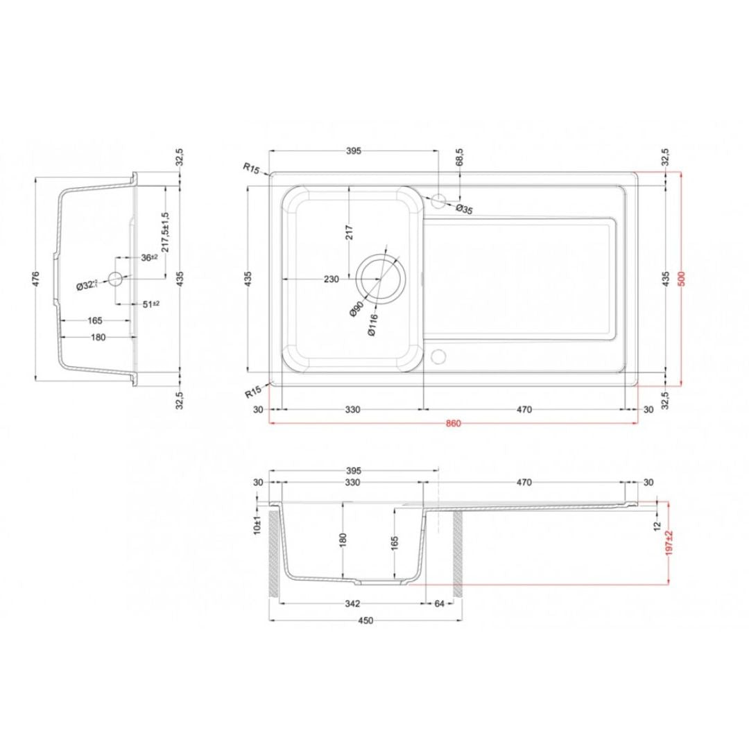 ELLECI LIFE 400 LG240059 Lavello da Incasso 1 Vasca con Gocciolatoio Reversibile Granitek Antracite 59 cm. 86 x 50