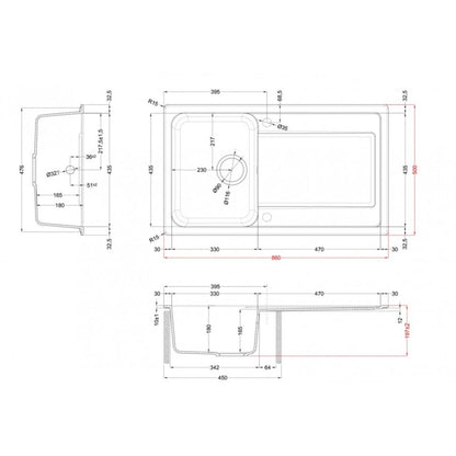 ELLECI LIFE 400 LG240059 Lavello da Incasso 1 Vasca con Gocciolatoio Reversibile Granitek Antracite 59 cm. 86 x 50