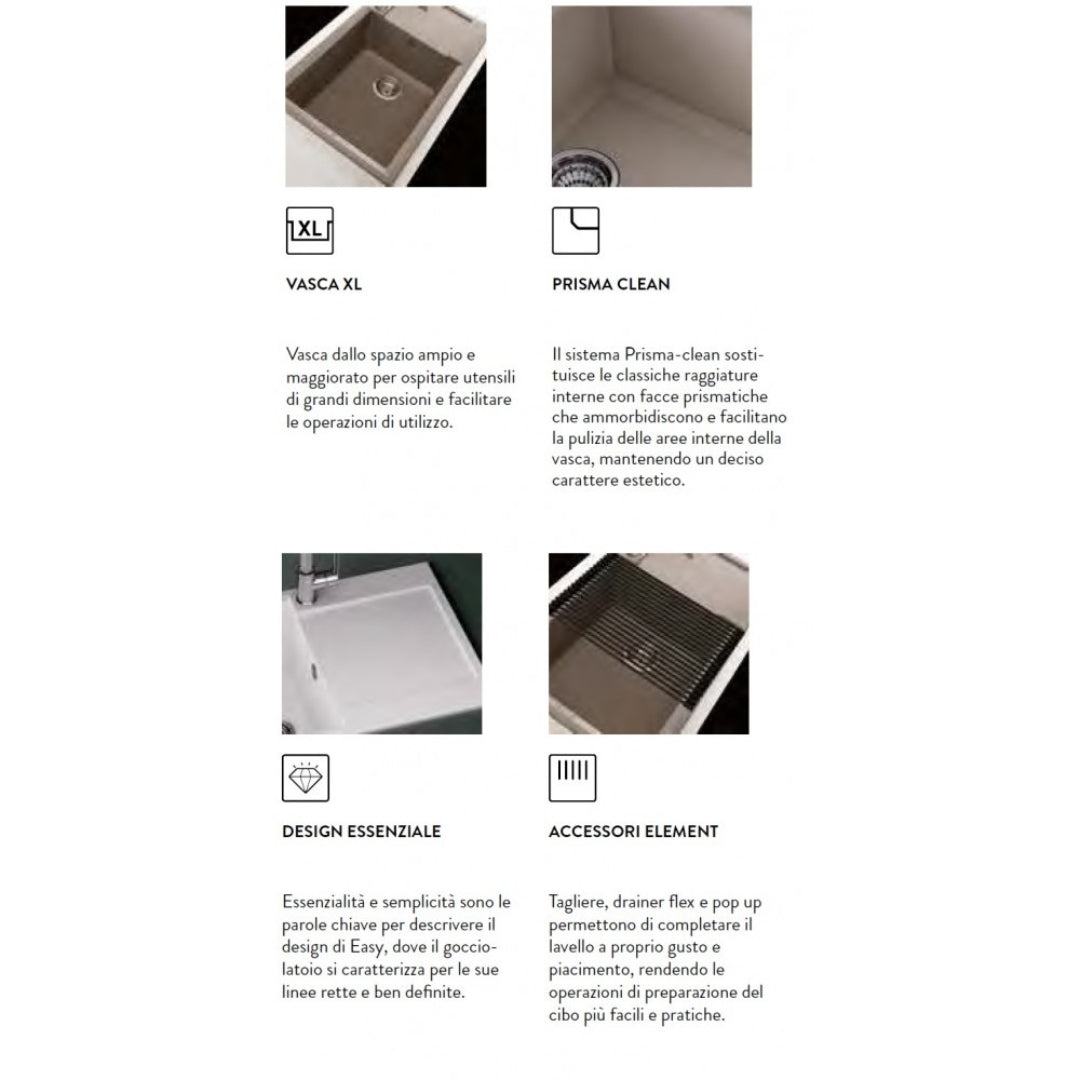 Elleci Easy 310 LGY31039 Lavello 1 Vasca con Gocciolatoio Reversibile Sopratop Granitek Bianco Soft cm 78x 50