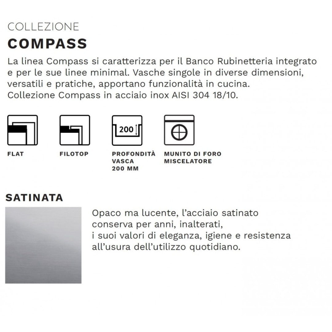 ELLECI COMPASS LIM500SAC Lavello 1 Vasca Inox Satinato Flat Filotop Sottotop cm. 54 x 51