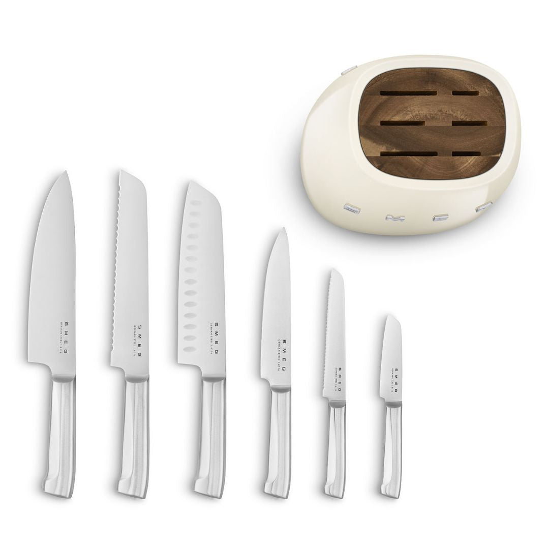 SMEG KBSF02CR Ceppo Portacoltelli Panna con Set 6 Coltelli Inox 50’s Style