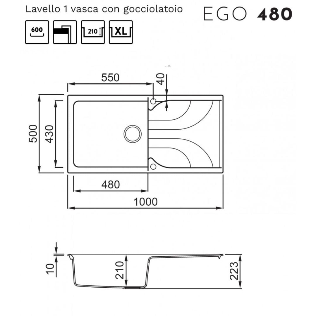 ELLECI EGO 480 LGE48051 Lavello 1 Vasca con Gocciolatoio Reversibile Sopratop Granitek Avena 51 cm. 100 x 50