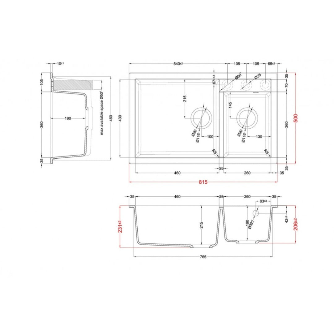 Elleci QUADRA 440 LGQ44068 Lavello Incasso Sopratop 2 Vasche Granitek Bianco Titano mm. 815 x 500