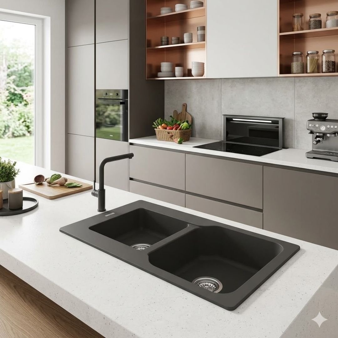 ELLECI FOX 430 LGF43059 Lavello 2 Vasche in Granitek Antracite da Incasso Sopratop con Troppopieno cm. 86 x 50