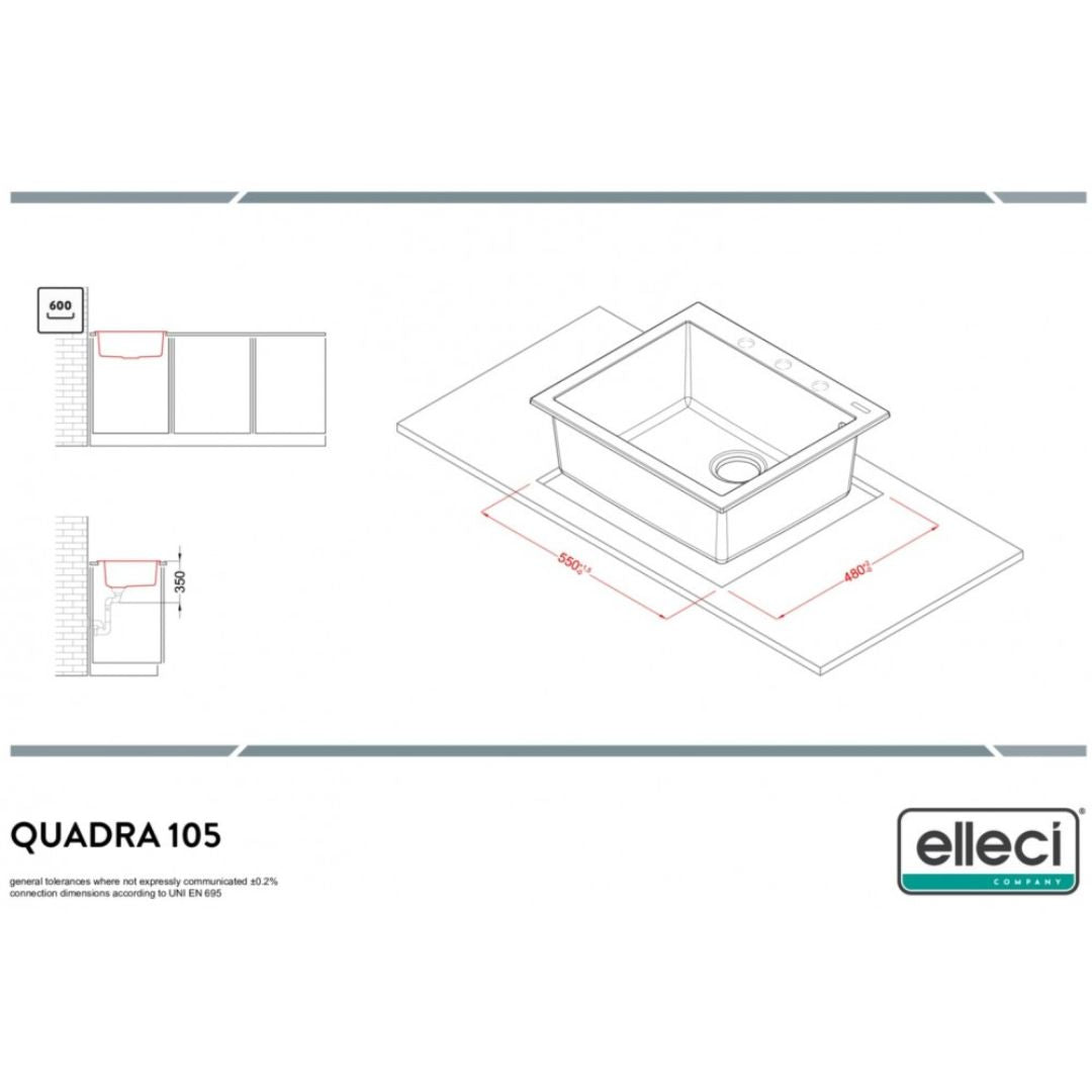 ELLECI QUADRA LGQ10559 Lavello Incasso Sopratop 1 Vasca Antracite cm. 57 x 50