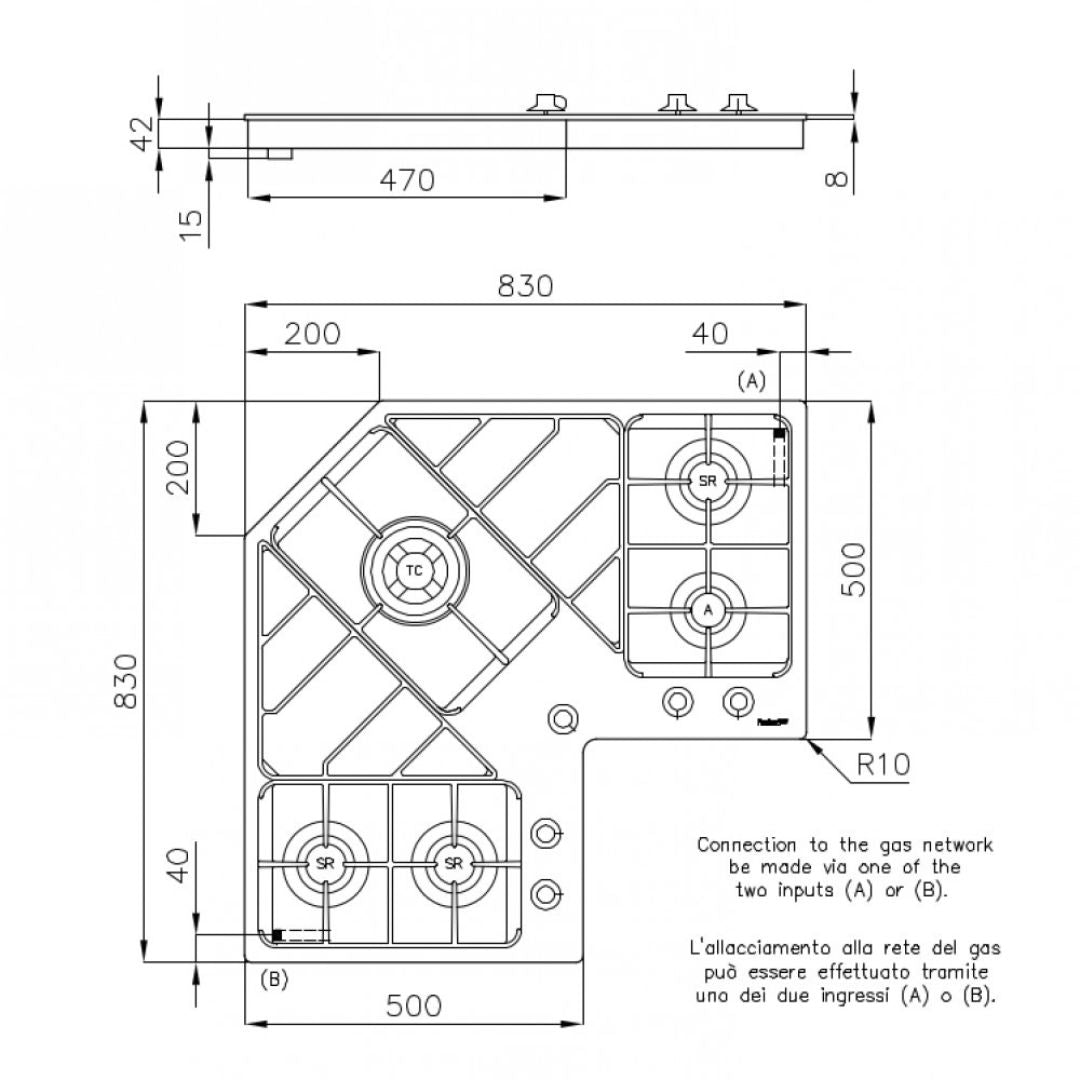 FOSTER 7038052 Piano Cottura da Incasso a Gas Angolare  5 Fuochi Acciaio Inox Satinato Griglie in Ghisa cm. 83 x 83