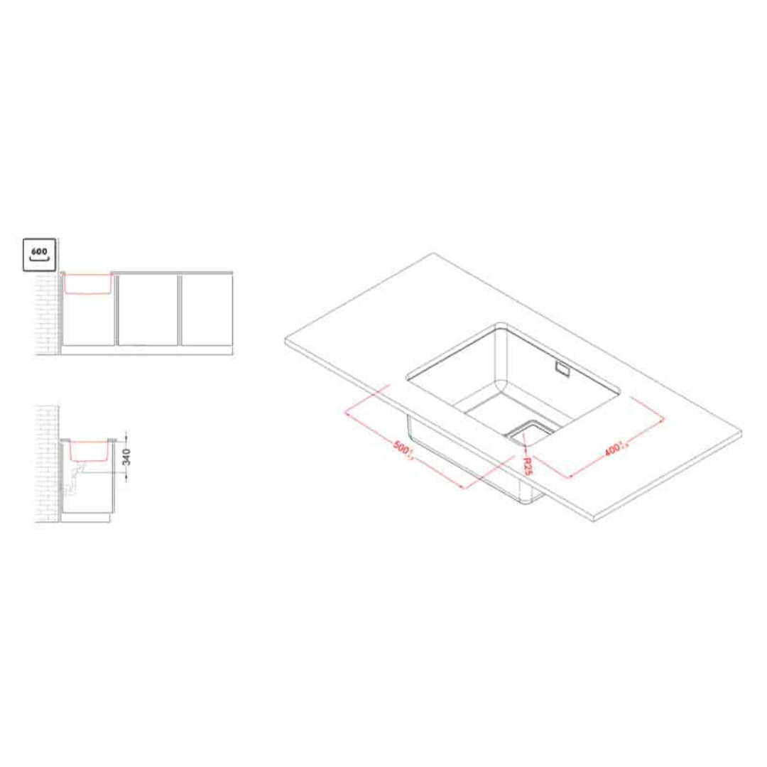 ELLECI LIW500SACMU W-Square 500 Lavello 1 Vasca Acciaio Inox Satinato cm. 54 x 44