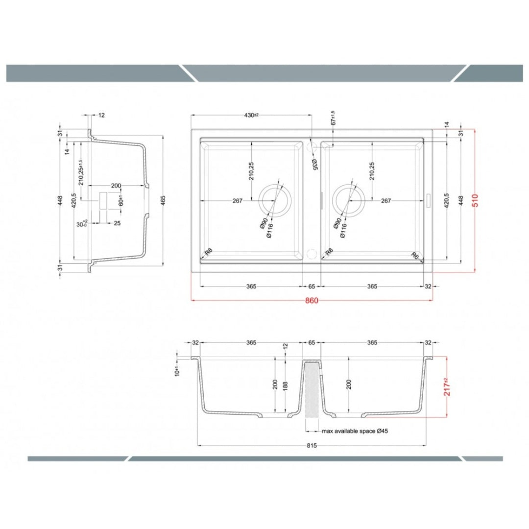 Elleci Best 450 LGB45062 Lavello 2 Vasche Sopratop Granitek Bianco Antico cm 86 x 51