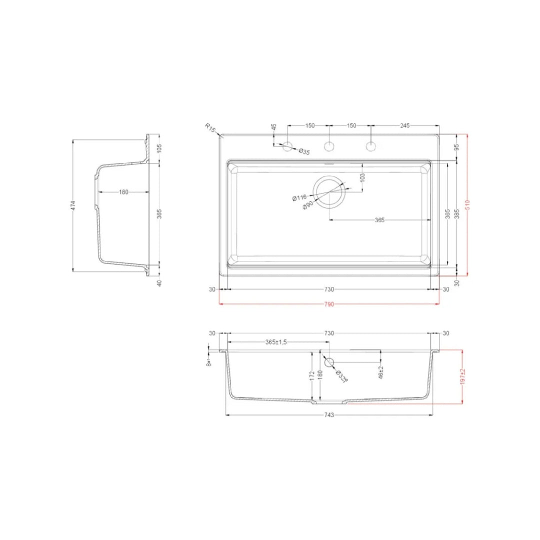 Elleci Time 130 LG213068 Lavello 1 Vasca Incasso Sopratop Granitek Bianco Titano cm. 79 x 51
