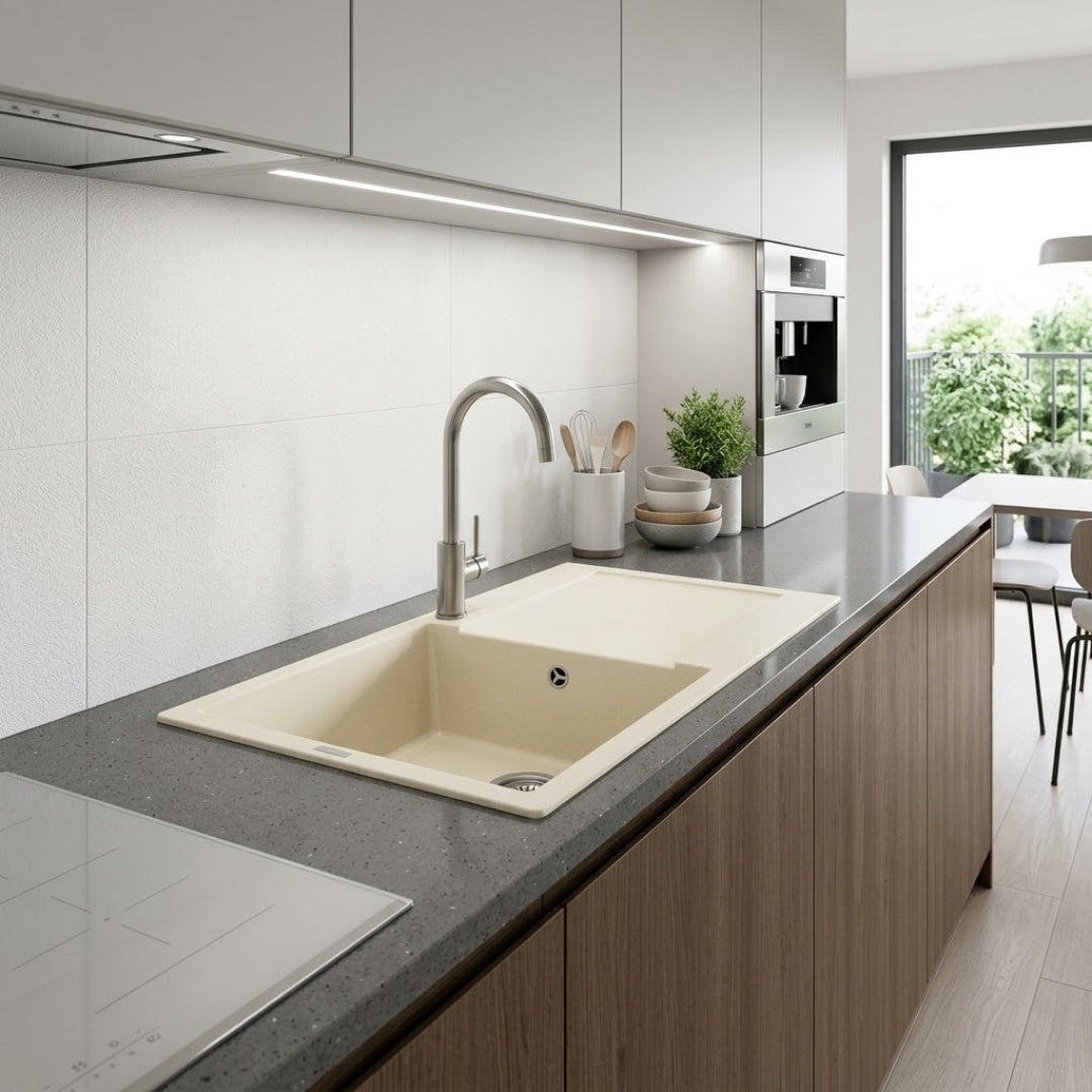 Elleci  Easy 480 LGY48062 Lavello 1 Vasca con Gocciolatoio Reversibile Sopratop Granitek Bianco Antico cm. 100 x 50