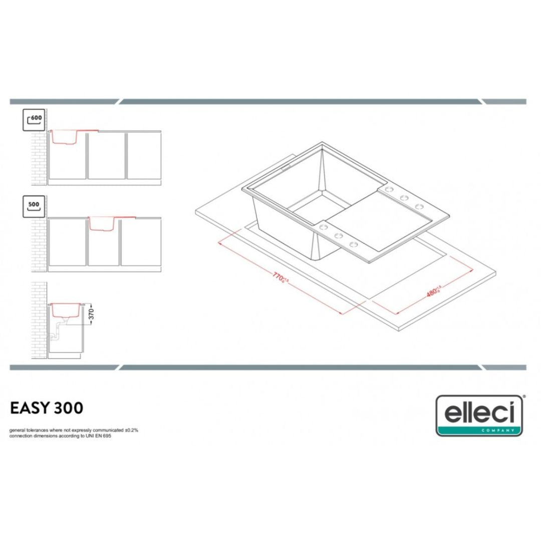 ELLECI EASY 300 LGY30051 Lavello 1 Vasca con Gocciolatoio Reversibile Sopratop Granitek Avena 51 cm. 79 x 50