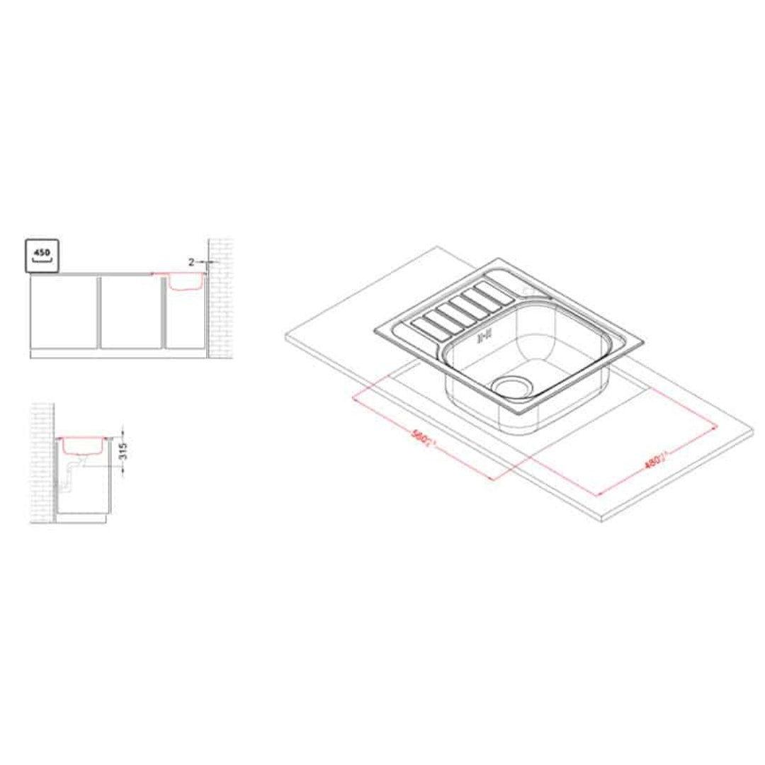 ELLECI SKY 125 LIX125SACDX Lavello Incasso 1 Vasca Gocciolatoio Sinistra Inox Satinato cm. 58 x 50