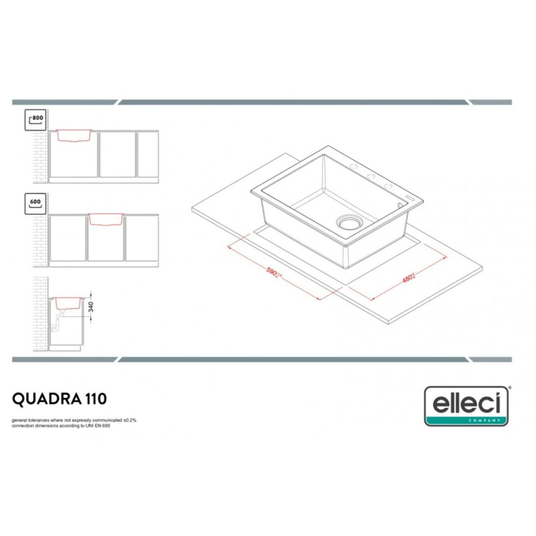 ELLECI QUADRA 110 LGQ11051 Lavello da Incasso 1 Vasca Sopratop Granitek Avena 51  cm. 61 x 50
