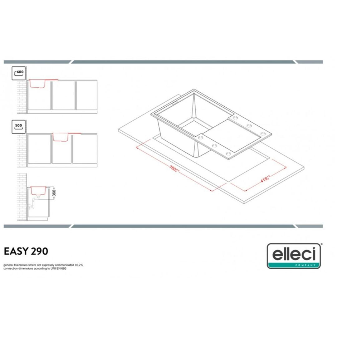 ELLECI EASY 290 LGY29051 Lavello 1 Vasca con Gocciolatoio Reversibile Sopratop Granitek Avena 51 mm. 780 x 435