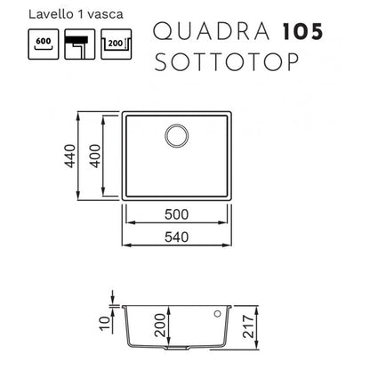 Elleci Quadra LGQ10551BSO Lavello Incasso Sottotop 1 Vasca Avena Granitek cm. 54x44
