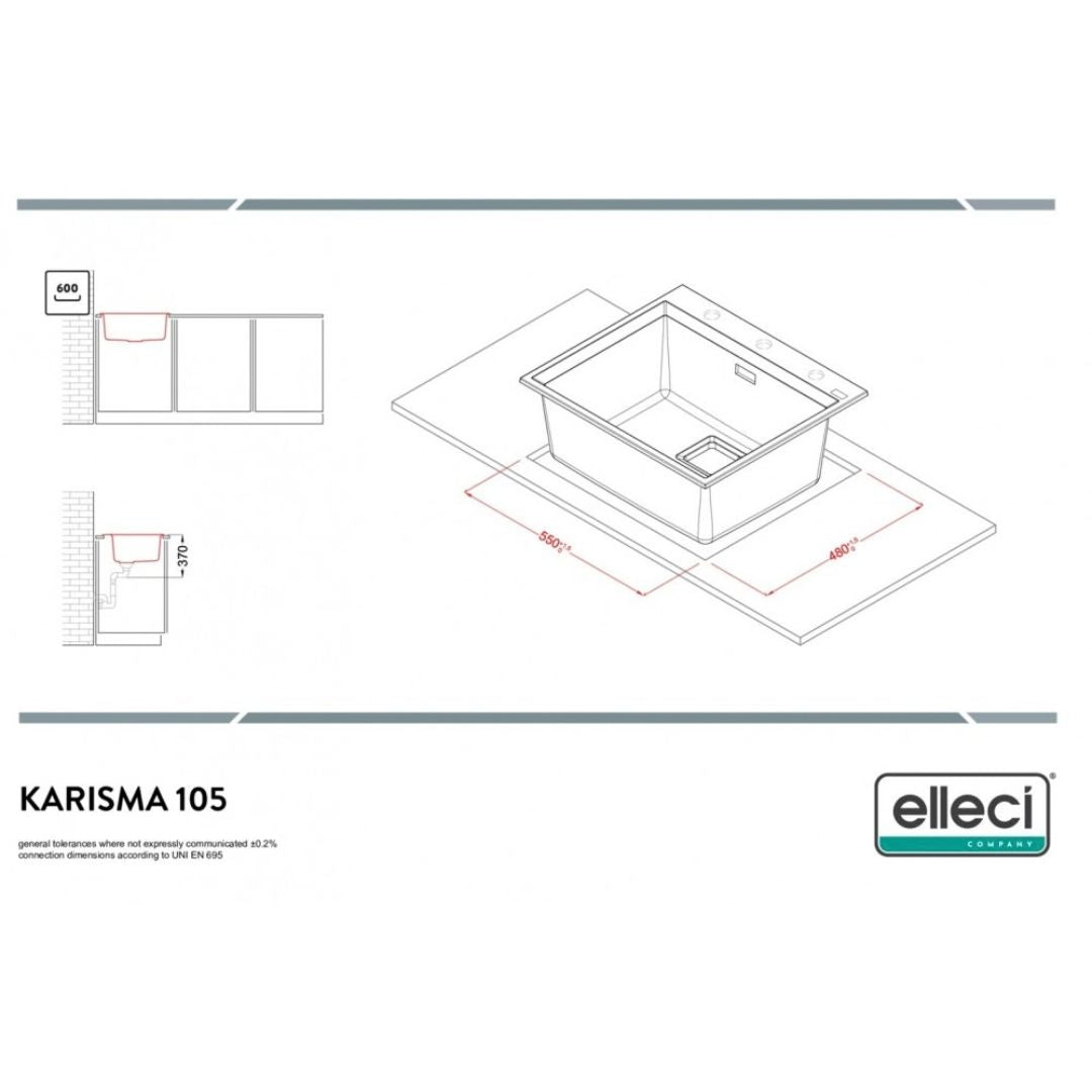Elleci KARISMA 105 LGK10568 Lavello 1 Vasca Incasso Sopratop Granitek Bianco Titano cm. 57 x 50