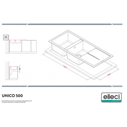 ELLECI UNICO 500 LGU50051 Lavello 2 Vasche con Gocciolatoio Reversibile Sopratop Granitek Avena 51 cm. 116 x 50