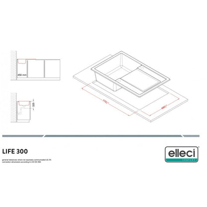 ELLECI LIFE 300 LG230059 Lavello Incasso 1 Vasca Gocciolatoio Reversibile cm. 79 x 50