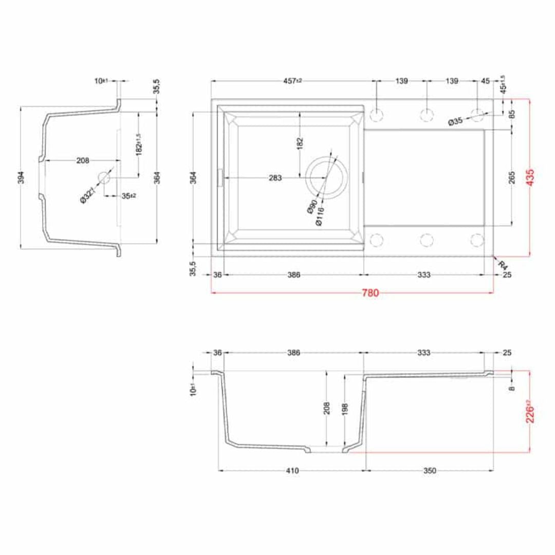 ELLECI EASY 290 LGY29059 Lavello in Granitek Antracite con Gocciolatoio Reversibile cm. 78 x 44