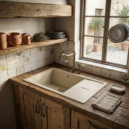 Elleci Unico 125 LGU12562 Lavello 1 Vasca con Gocciolatoio Reversibile Sopratop Granitek Bianco Antico cm. 65 x 50