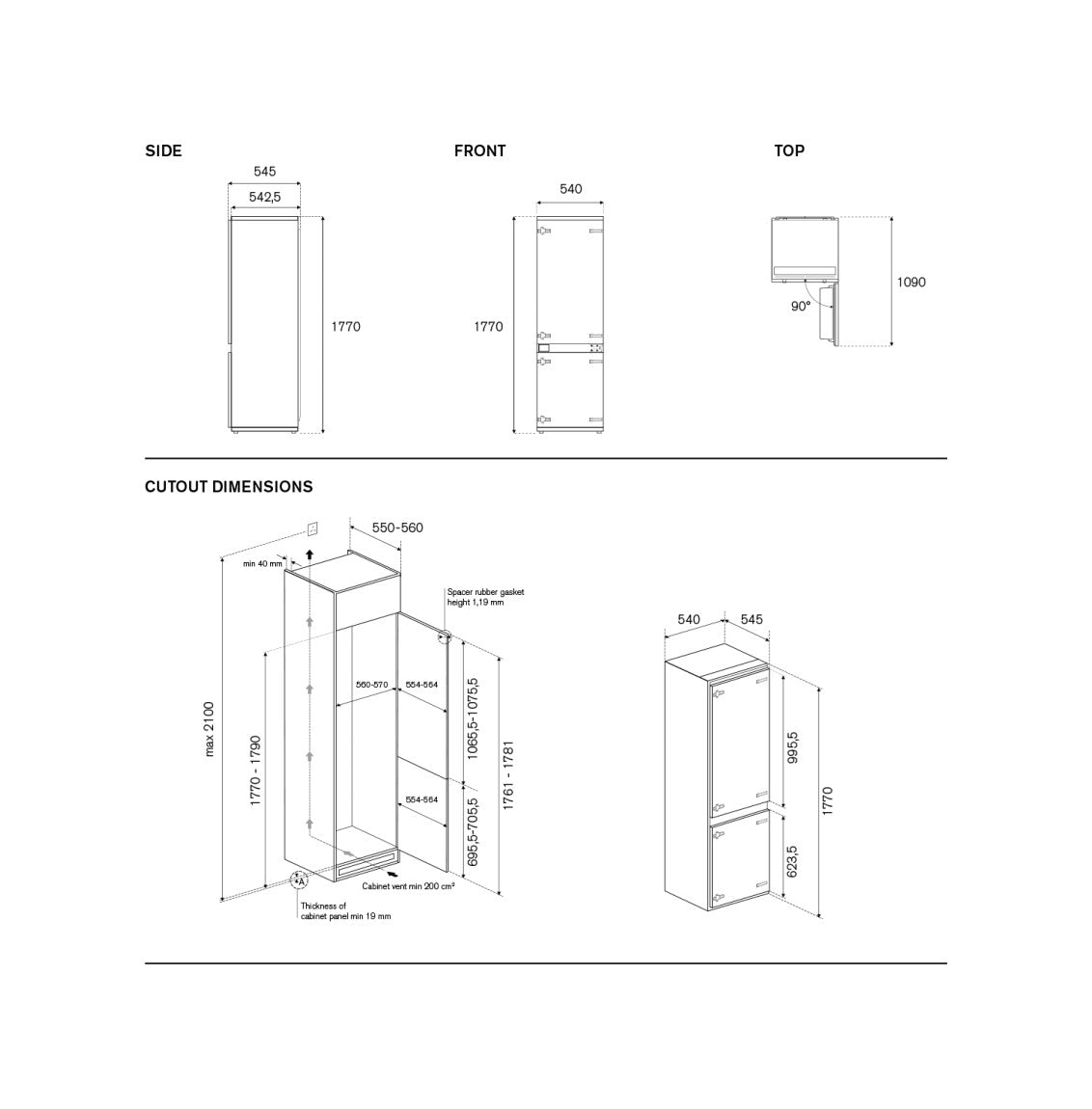 F.LLI BERTAZZONI PROFESSIONAL REF603BBNPVC-S Frigorifero Incasso No Frost 242 Lt. Classe E cm. 178 x 54 x 55