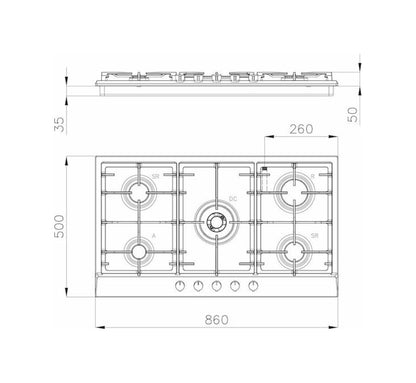 FOSTER POWER 7017032 Piano Cottura 5 Fuochi Gas Inox Griglie Ghisa cm. 86 x 50