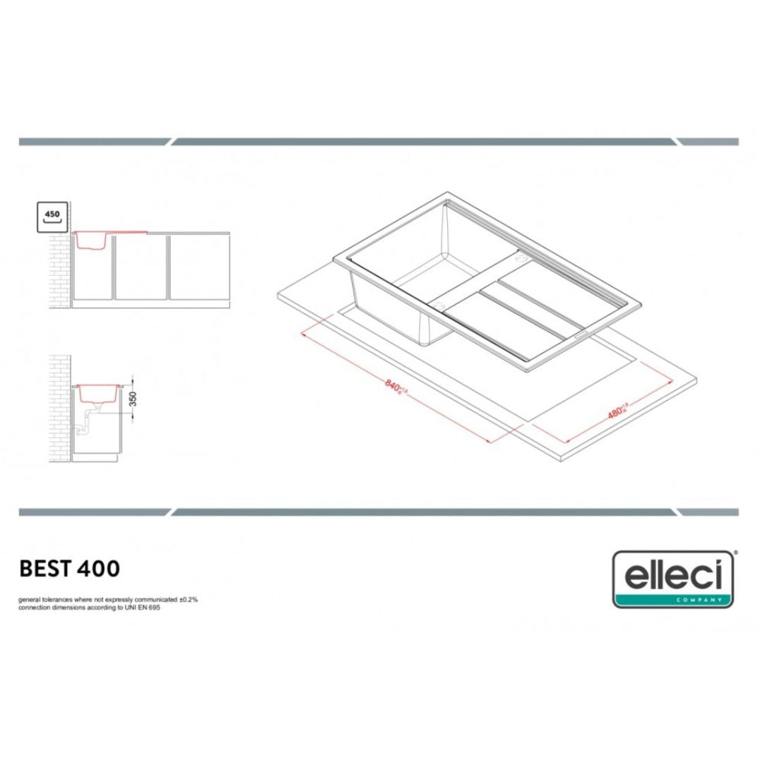 ELLECI BEST 400 LGB40059 Lavello 1 Vasca con Gocciolatoio Reversibile Sopratop Granitek Antracite cm. 86 x 51 cm