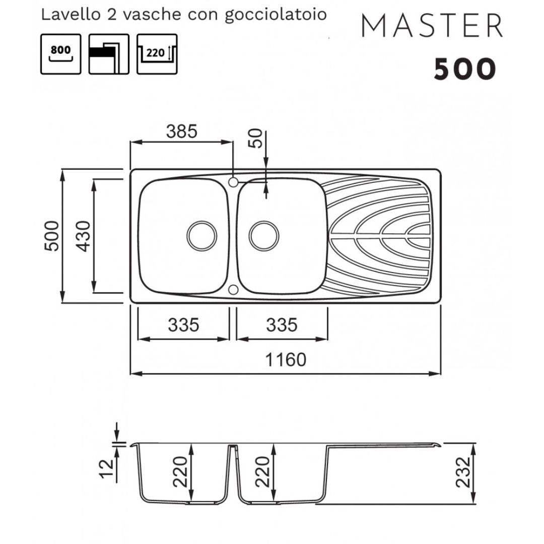 ELLECI MASTER 500 LGM50062 Lavello 2 Vasche Gocciolatoio Reversibile Granitek Bianco cm. 116 x 50
