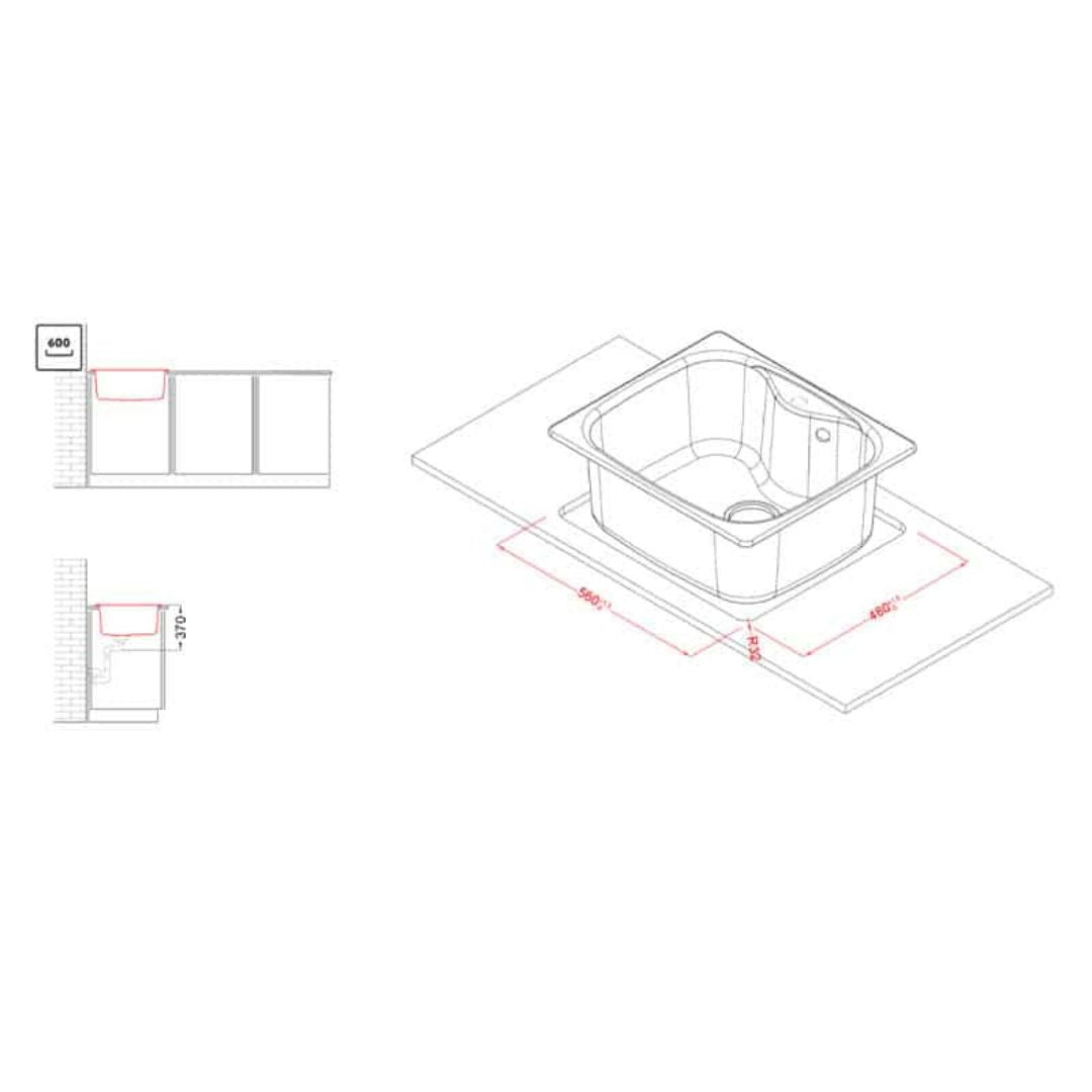 Elleci Fox 200 LMF20079 Lavello Incasso Cucina 1 Vasca Aluminium Metaltek cm. 58 x 50