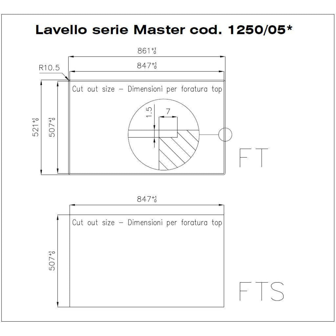 Foster Master 1250052 Lavello 1 Vasca Incasso Filotop Gocciolatoio a Destra Acciaio Inox Spazzolato cm. 86 x 52