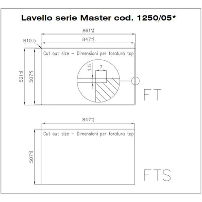Foster Master 1250052 Lavello 1 Vasca Incasso Filotop Gocciolatoio a Destra Acciaio Inox Spazzolato cm. 86 x 52