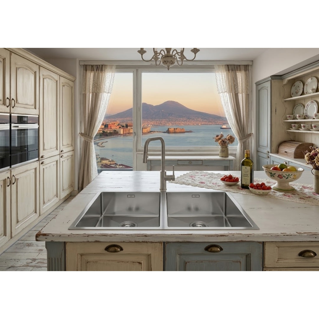 Foster Quadra 1221050 Lavello 2 Vasche Incasso Sopratop/Filotop Acciaio Inox Spazzolato cm. 84 x 44