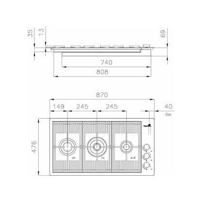 FOSTER MILANELLO 7680008 Piano Cottura a Gas PVD 3 Fuochi Copper in Acciaio Inox AISI 304 cm. 87 x 46