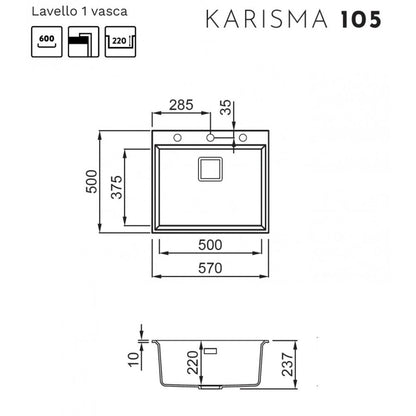Elleci KARISMA 105 LGK10568 Lavello 1 Vasca Incasso Sopratop Granitek Bianco Titano cm. 57 x 50