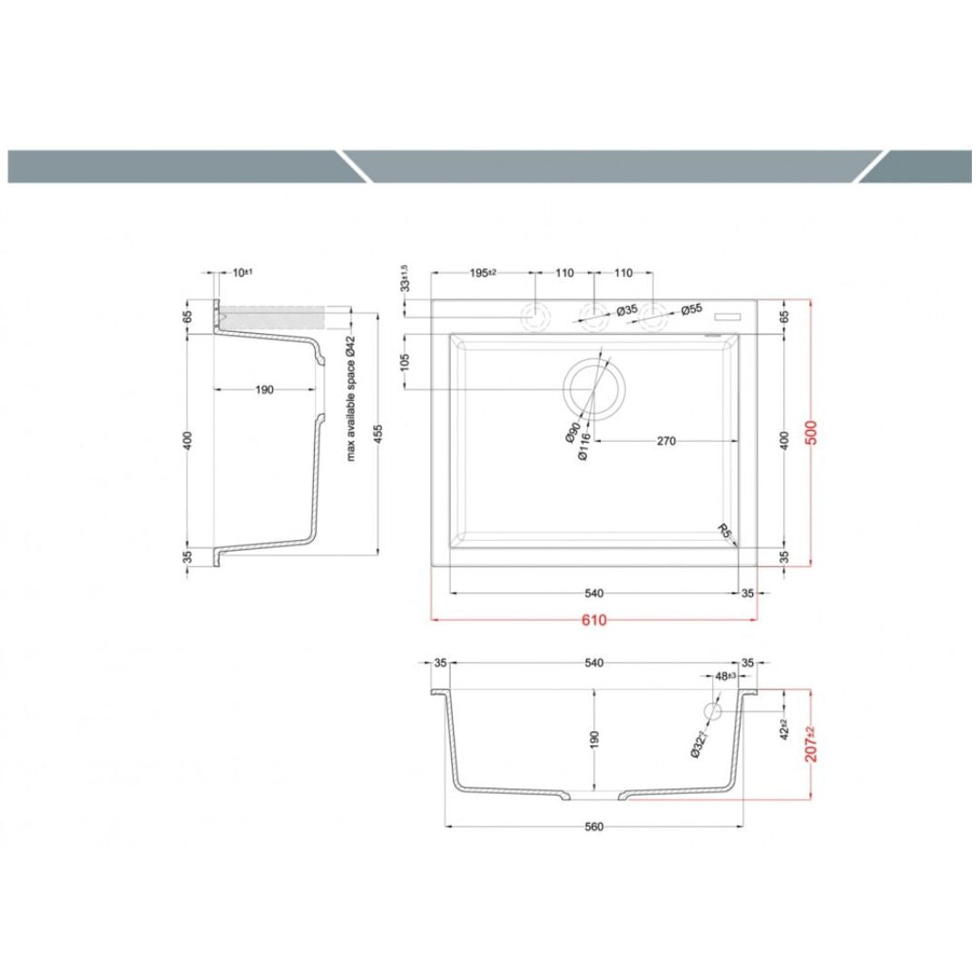 ELLECI QUADRA 110 LGQ11059 Lavello da Incasso 1 Vasca Granitek® Classic Antracite cm. 61 x 50