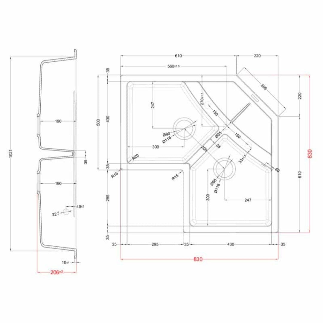 Elleci Unico Corner LGUCOR51 Lavello Angolare da incasso Granitek Avena cm. 83 x 83