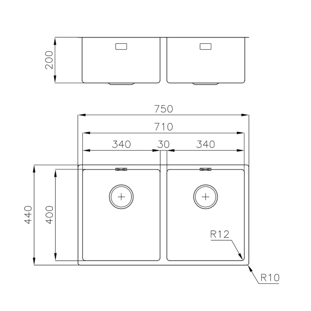 Foster S4001 3352050 Lavello Incasso Filotop 2 Vasche Acciaio Inox Spazzolato cm, 75 x 44