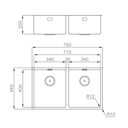 Foster S4001 3352050 Lavello Incasso Filotop 2 Vasche Acciaio Inox Spazzolato cm, 75 x 44