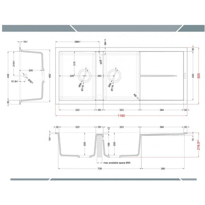 ELLECI UNICO 500 LGU50051 Lavello 2 Vasche con Gocciolatoio Reversibile Sopratop Granitek Avena 51 cm. 116 x 50