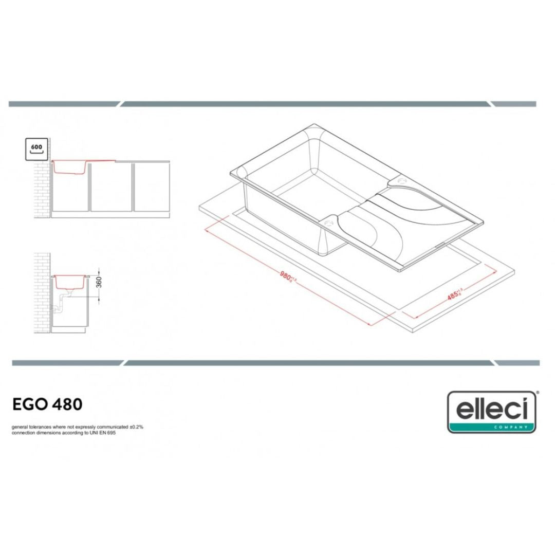 Elleci Ego 480 LGE48039 Lavello 1 Vasca Gocciolatoio Reversibile Sopratop Granitek Bianco Soft cm. 100 x 50