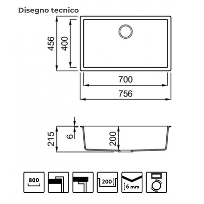 Elleci ZEN 130 LKZ13087 Lavello Cucina Monovasca Incasso Sopratop/Sottotop Keratek Cocoa mm. 756 x 456