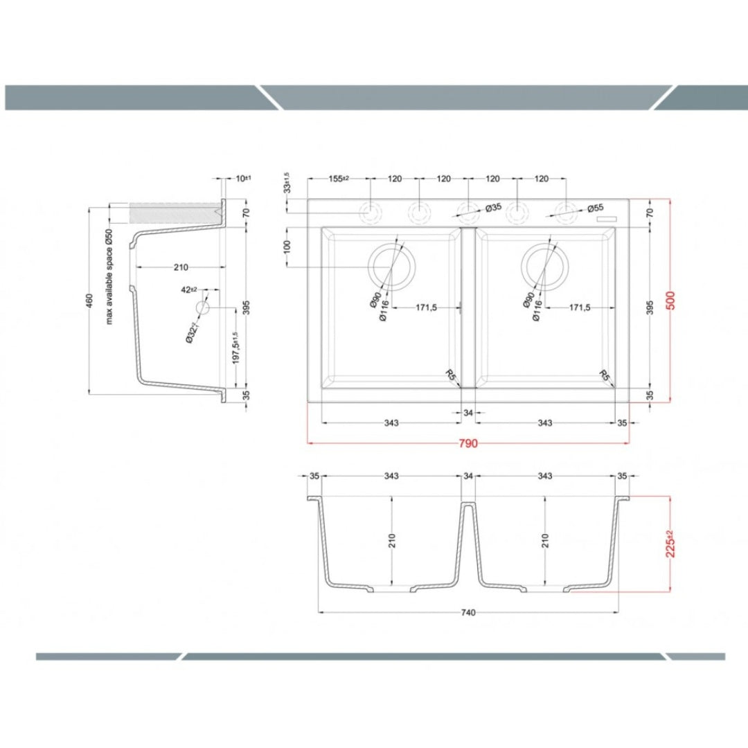 Elleci Quadra 350 LGQ35039 Lavello da Incasso 2 Vasche Incasso Sopratop Granitek Bianco Soft cm. 79 x 50
