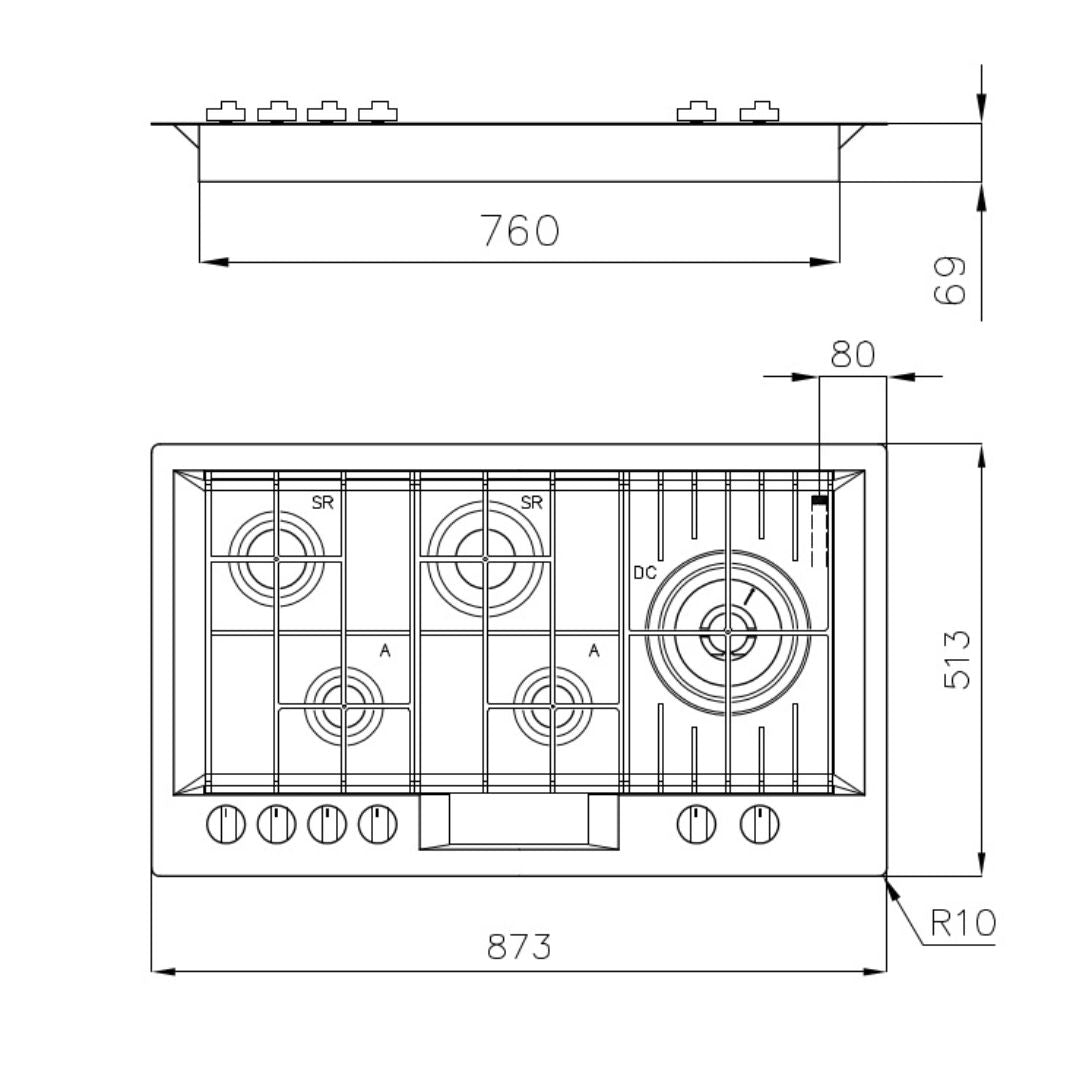 FOSTER FL 7206032 Piano Cottura Gas Semifilo 5 Fuochi Acciaio Inox Satinato Griglie in Ghisa cm. 87 x 51