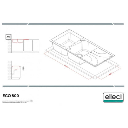 ELLECI EGO 500 LGE50059 Lavello 2 Vasche con Gocciolatoio Reversibile Sopratop Granitek Antracite 59 cm. 116 x 50